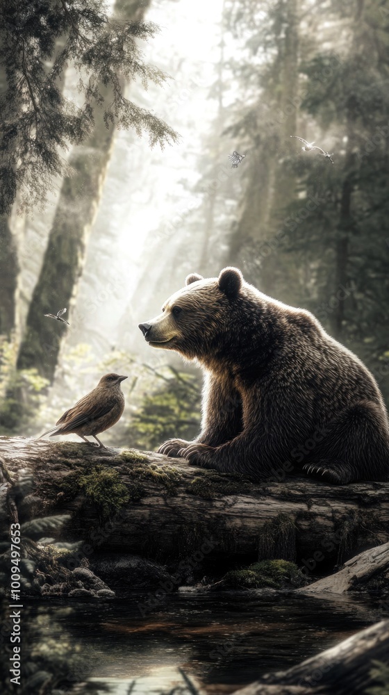 Fototapeta premium A bear and a bird share a serene moment in a sunlit forest.