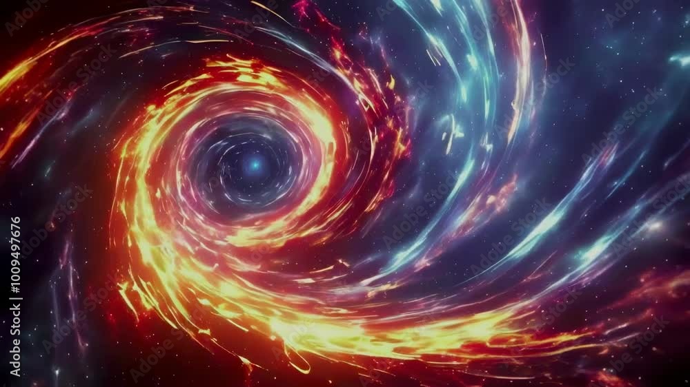 A swirling cosmic vortex with fire and ice-like energy in the vastness of space A swirling cosmic vortex with fire and ice-like energy in the vastness of space