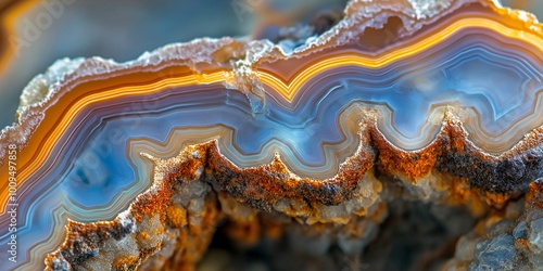 A large piece of rock with a blue and orange pattern. The rock is rough and jagged, with a mix of colors that create a sense of depth and texture. The image evokes a feeling of awe and wonder photo