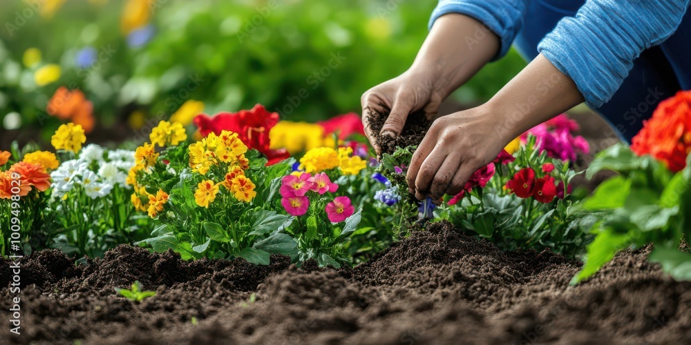 Fototapeta premium A person planting flowers in a garden, nurturing vibrant blooms in rich soil.
