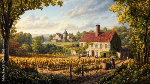 A scenic vineyard landscape with a charming farmhouse, rolling hills, and a tranquil sky, illustrating rural beauty and agriculture.