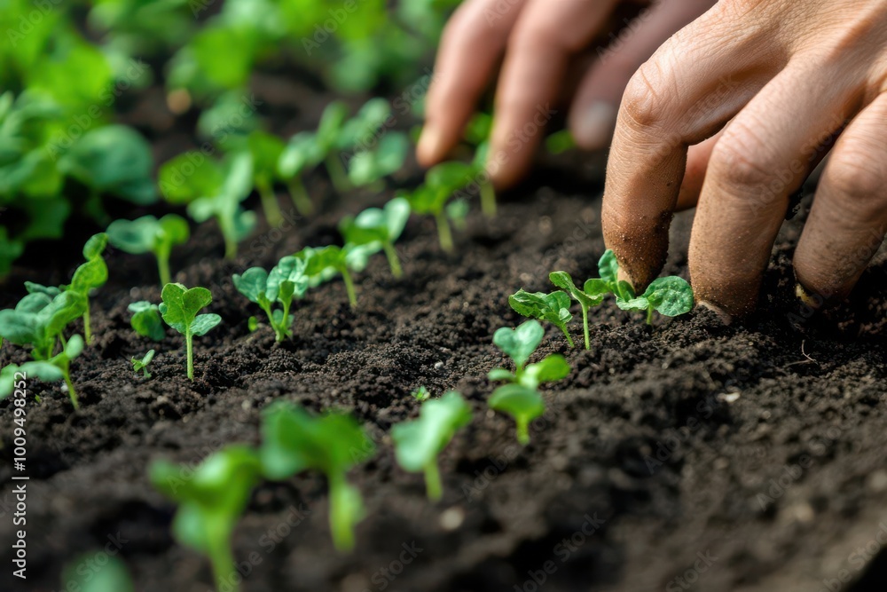 A person planting seedlings in rich soil, nurturing growth in a garden. A person planting seedlings in rich soil, nurturing growth in a garden.