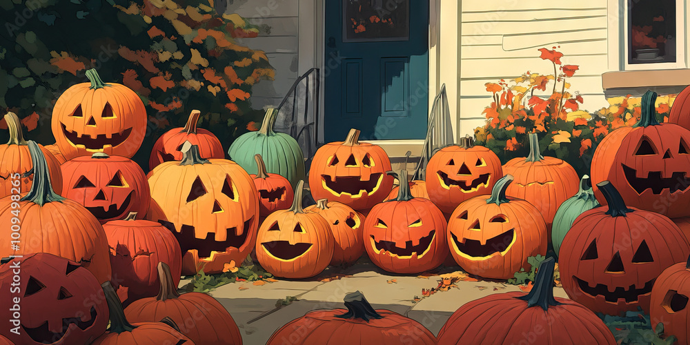 Obraz premium Pumpkin Palooza: A variety of carved and uncarved pumpkins of all sizes, shapes, and colors, displayed in a cozy front yard.