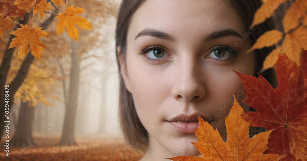 Serene woman with autumn leaves against misty forest background Serene woman with autumn leaves against misty forest background
