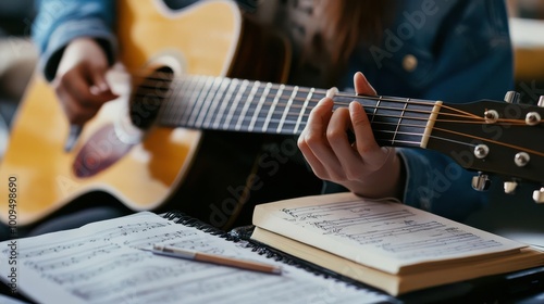 A person playing an acoustic guitar with sheet music and a notebook nearby.