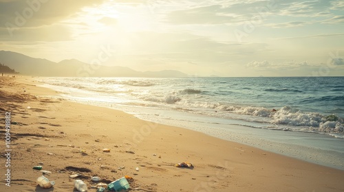 A serene beach scene at sunset, showcasing the beauty of nature along with litter, highlighting environmental concerns. photo