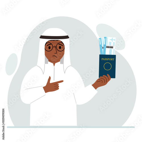 A man holds a passport with air tickets. The man shows the boarding pass. Travel concept. Vector flat illustration