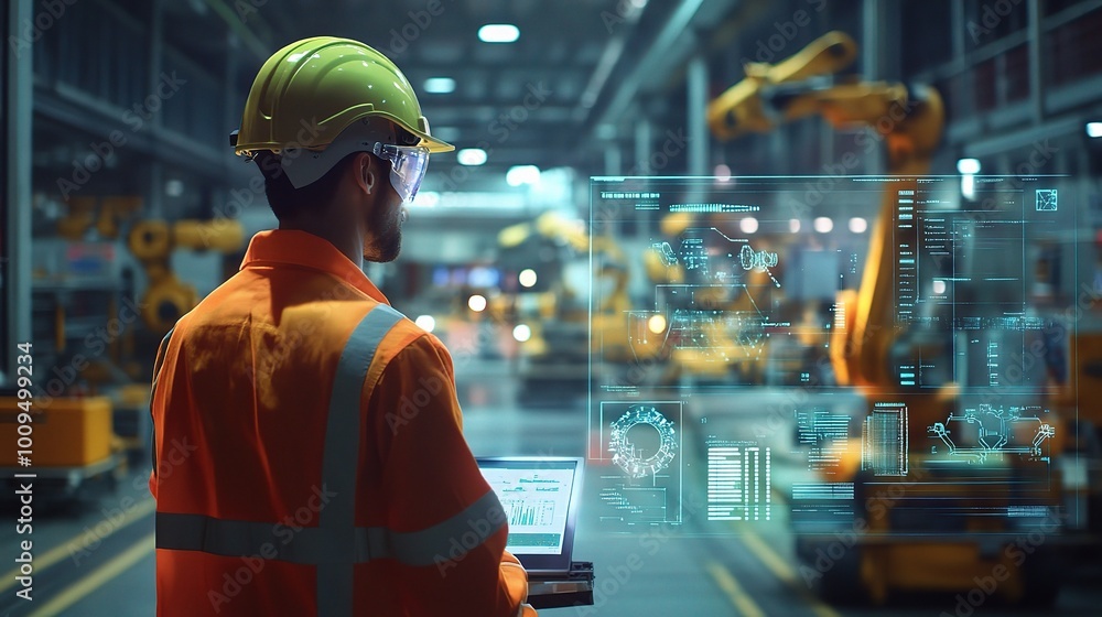 Engineer Overseeing Automated Robotic Systems in Factory Engineer Overseeing Automated Robotic Systems in Factory