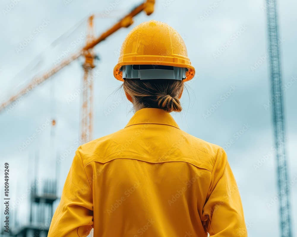 beautiful engineer similing and posing under crane at construction site beautiful engineer similing and posing under crane at construction site