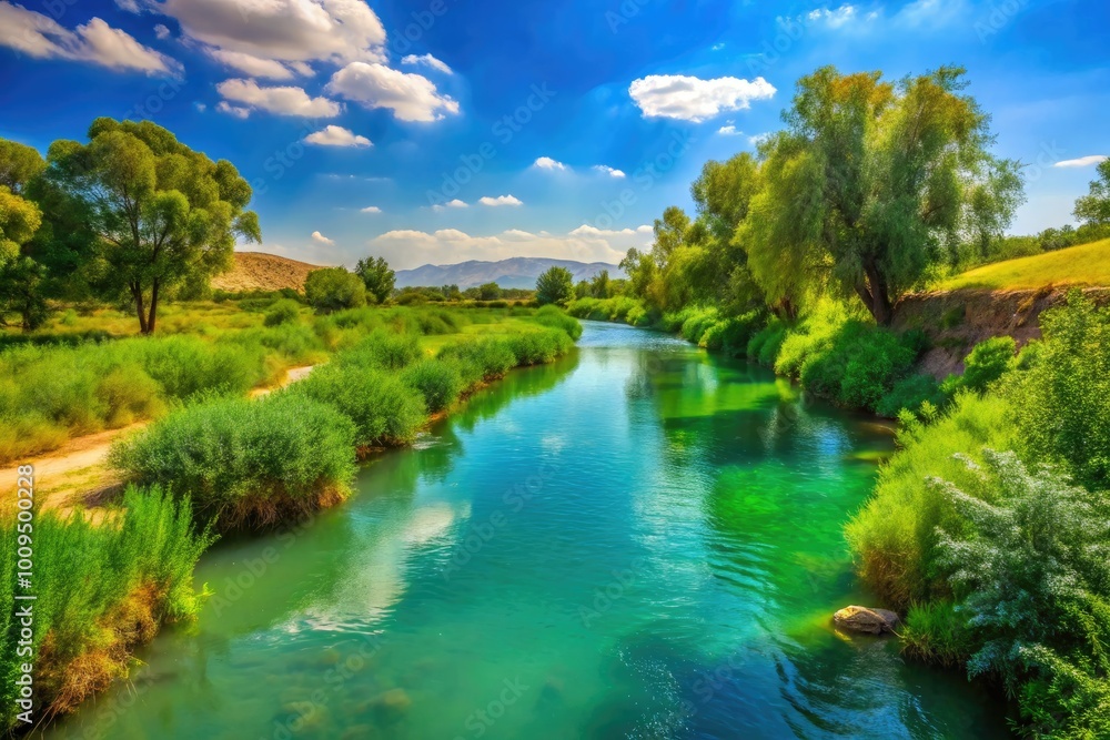 Beneath a radiant blue sky, the Jordan River flows serenely through flourishing greenery, painting a picture of peace and beauty in the landscape's embrace. Beneath a radiant blue sky, the Jordan River flows serenely through flourishing greenery, painting a picture of peace and beauty in the landscape's embrace.