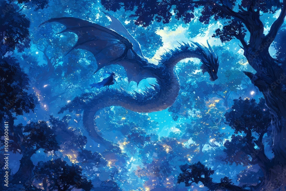 A Blue Dragon Soaring Through a Night Sky Above a Forest A Blue Dragon Soaring Through a Night Sky Above a Forest