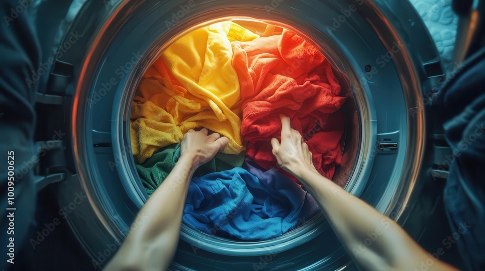 A person reaches into a washing machine filled with colorful clothes. A person reaches into a washing machine filled with colorful clothes.