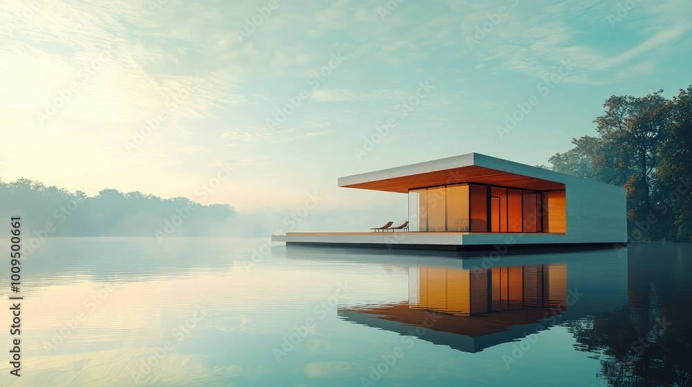Fototapeta premium A serene modern house reflects on calm water during dawn, surrounded by misty nature, showcasing tranquil architecture.