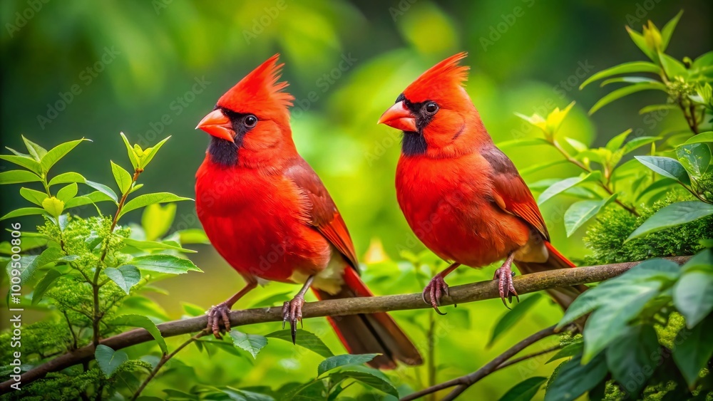 Obraz premium Stunning Pair of Cardinals Perched Gracefully on a Branch Surrounded by Vibrant Green Foliage