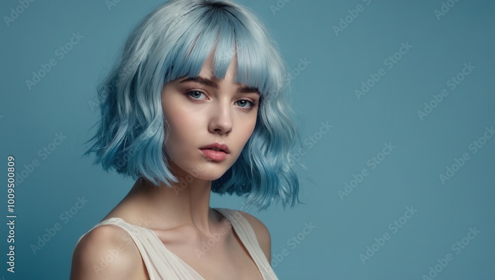 Individual with turquoise hair and light skin posing against a neutral backdrop Individual with turquoise hair and light skin posing against a neutral backdrop