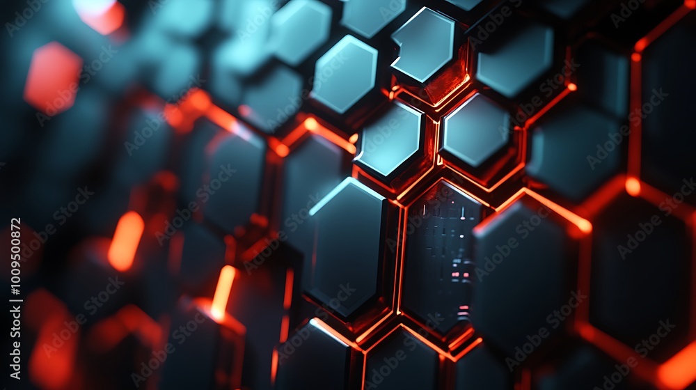 Futuristic hexagonal grid design featuring glowing neon red lights Futuristic hexagonal grid design featuring glowing neon red lights