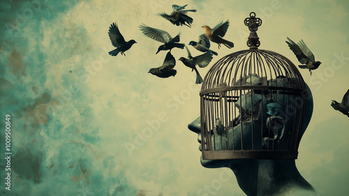 Mind Cage, A conceptual image of a human head trapped inside a birdcage, with birds flying out, symbolizing freedom of thought and breaking mental barriers