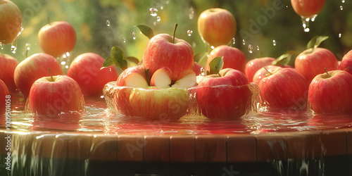 Apple Bobbing Bash: A traditional game with a table set up, filled with apples and water, where participants try to sink their teeth into an apple without breaking it. photo