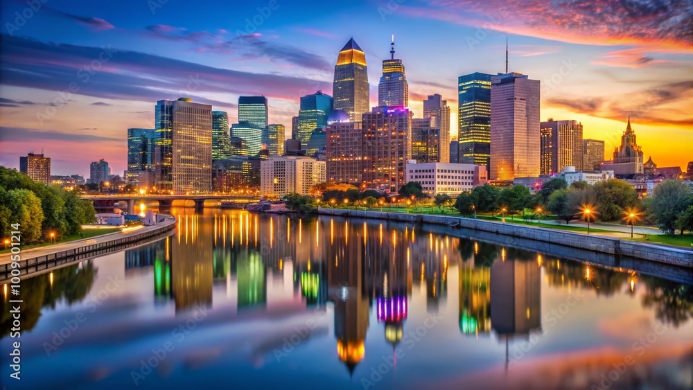 Naklejka premium Stunning Philadelphia Skyline at Dusk with Illuminated Buildings and Reflections on the River