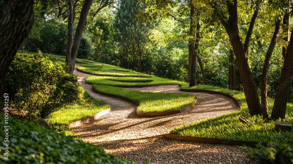 A serene path winding through a lush green garden, enveloped by trees and sunlight, perfect for relaxation and nature walks. A serene path winding through a lush green garden, enveloped by trees and sunlight, perfect for relaxation and nature walks.