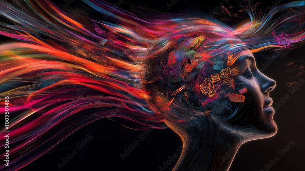 Mind Expansion, Create a striking portrait where a human head is opening like a book and ideas, symbols, and abstract shapes are pouring out Mind Expansion, Create a striking portrait where a human head is opening like a book and ideas, symbols, and abstract shapes are pouring out