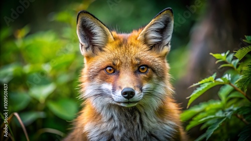 Stunning Portrait of a Fox with Black and Orange Fur in a Natural Setting Amongst Greenery