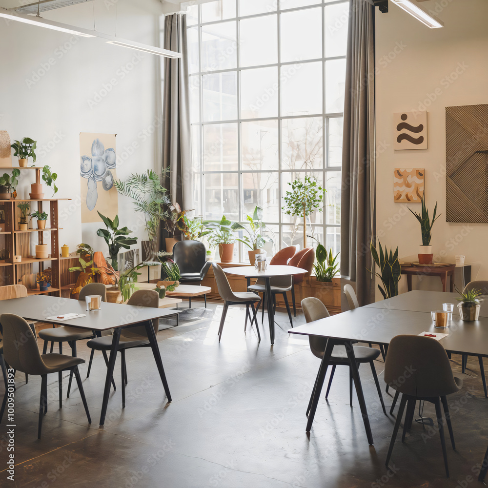 Fototapeta premium Stylish business room interior with meeting and coworking zones, window