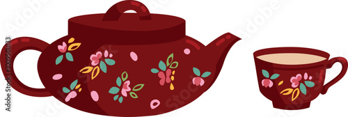 Vintage tea ceremony. Floral ornament retro teapot