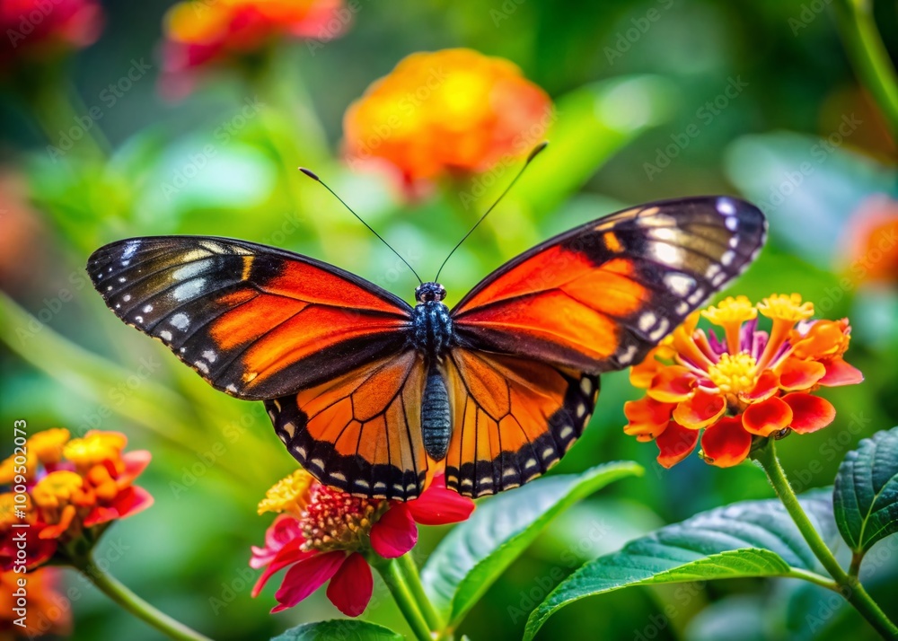 Fototapeta premium Stunning Rare Butterfly Perched on a Vibrant Flower in Lush Green Natural Environment