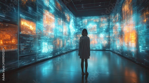 Woman Stands Before Digital Art Installation - Futuristic Cityscape