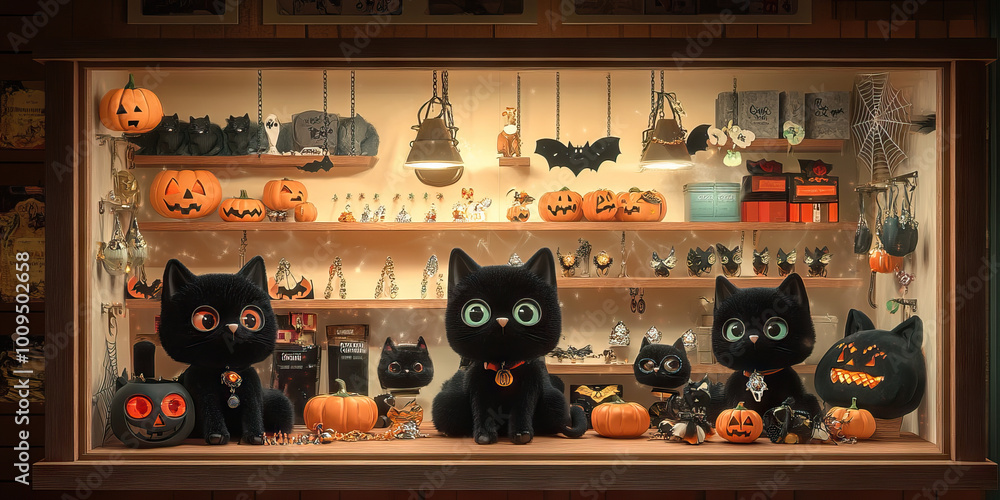 Black Cat Boutique: A small store window display filled with plush black cats, Halloween-themed jewelry, and spooky-looking accessories. Black Cat Boutique: A small store window display filled with plush black cats, Halloween-themed jewelry, and spooky-looking accessories.