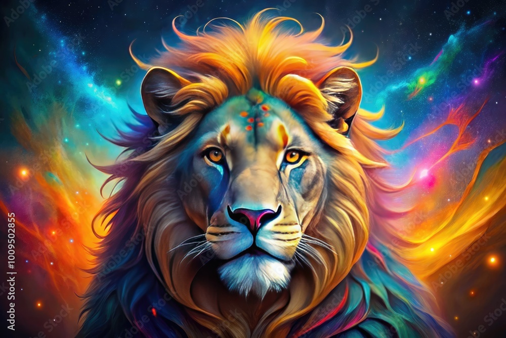 Bold colors reflect a regal lion, symbolizing the Leo zodiac, infused with astrological elements, showcasing strength, passion, and the fiery essence of this dynamic sign. Bold colors reflect a regal lion, symbolizing the Leo zodiac, infused with astrological elements, showcasing strength, passion, and the fiery essence of this dynamic sign.
