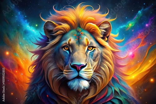 Bold colors reflect a regal lion, symbolizing the Leo zodiac, infused with astrological elements, showcasing strength, passion, and the fiery essence of this dynamic sign.