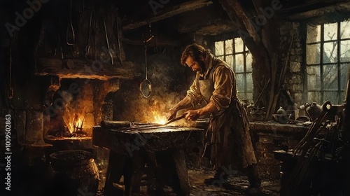 A skilled blacksmith working diligently in a rustic forge, surrounded by glowing embers and handcrafted tools. photo