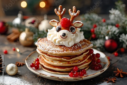 A stack of Christmas pancakes shaped like reindeer, decorated with berries and whipped cream photo