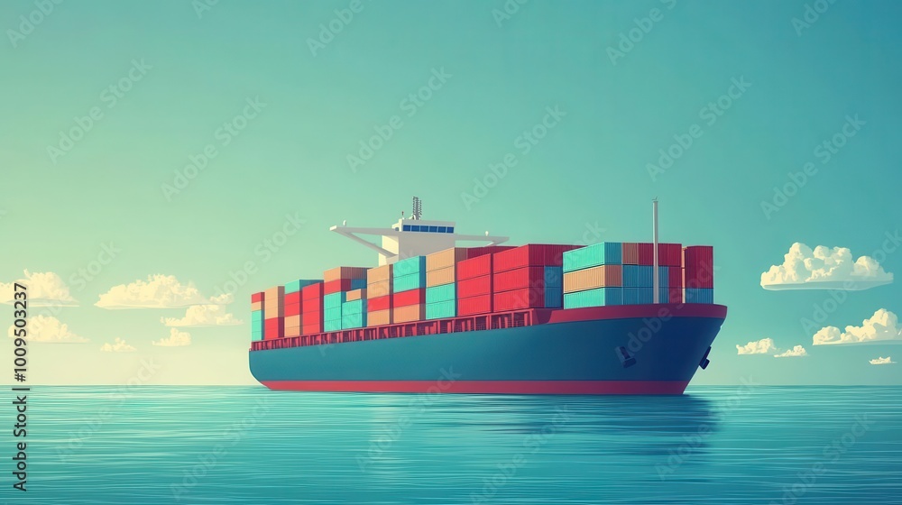 A vibrant illustration of a cargo ship navigating calm waters under a clear sky, symbolizing global trade and transportation. A vibrant illustration of a cargo ship navigating calm waters under a clear sky, symbolizing global trade and transportation.