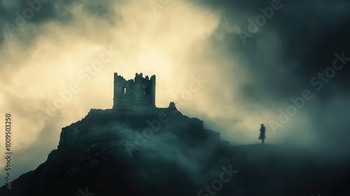 A solitary figure stands before a mysterious castle shrouded in fog, creating an atmosphere of intrigue and adventure. photo