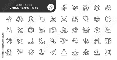 Children's toys line icon set. Doll, car, train, top, teddy bear, pyramid, boat and others. Outline vector icon in linear style. Conceptual pictogram collection.