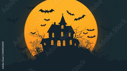 A spooky silhouette of a haunted house against a glowing full moon, surrounded by flying bats, perfect for Halloween themes.