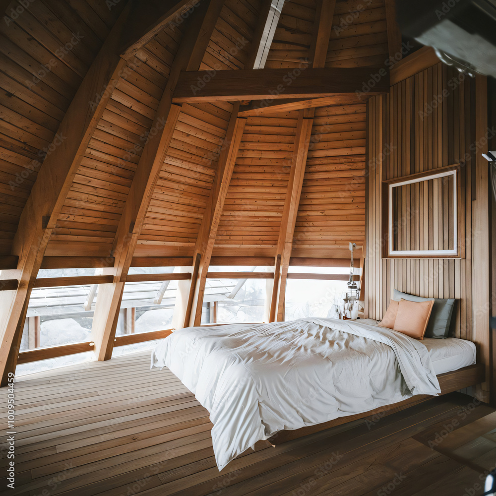 Wooden home bedroom interior with bed and panoramic window. empty frame Wooden home bedroom interior with bed and panoramic window. empty frame