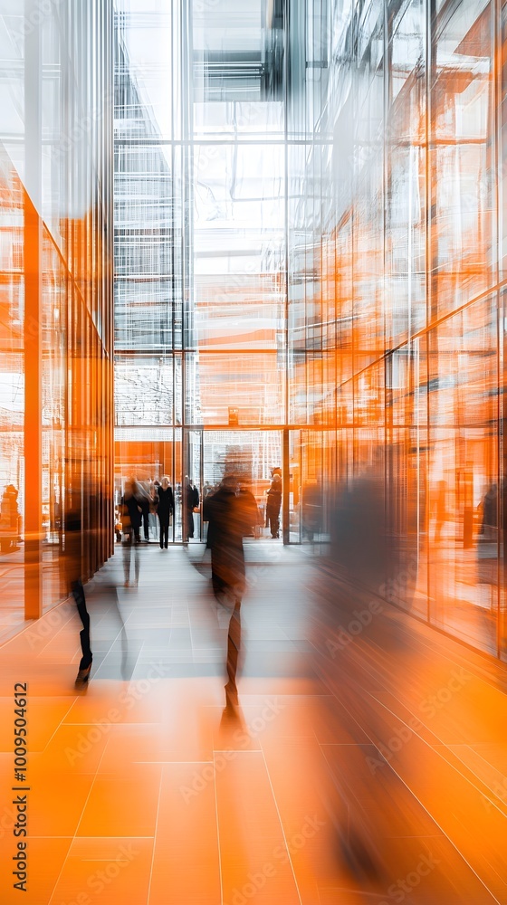 A blurry photograph of people walking in an office building with glass walls and an orange interior design, creating light-filled rooms A blurry photograph of people walking in an office building with glass walls and an orange interior design, creating light-filled rooms