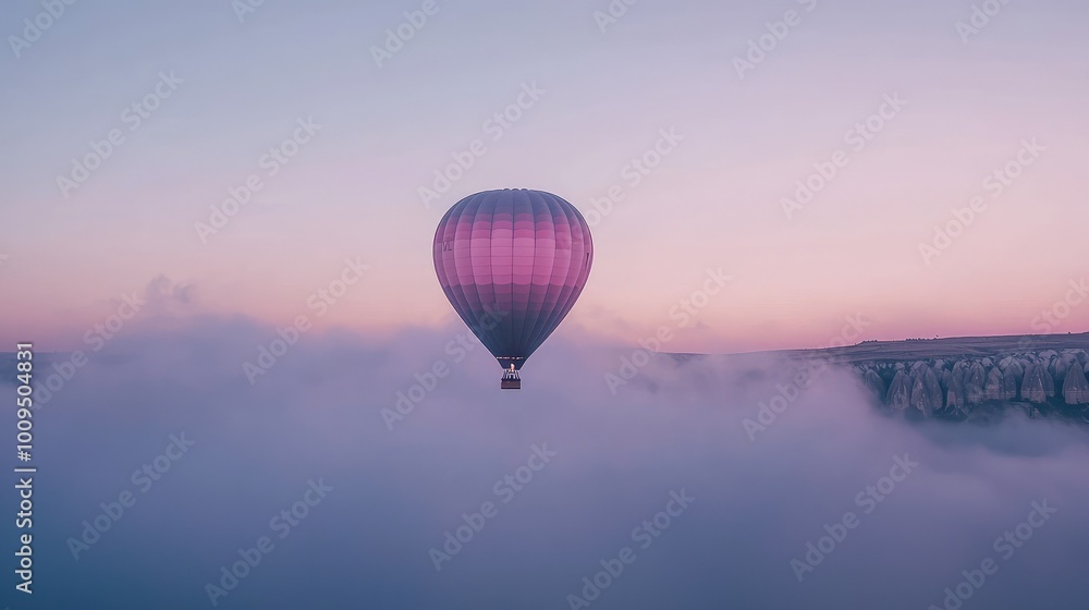 Fototapeta premium A stunning hot air balloon soaring through pastel clouds at sunrise, creating a serene and breathtaking aerial view.