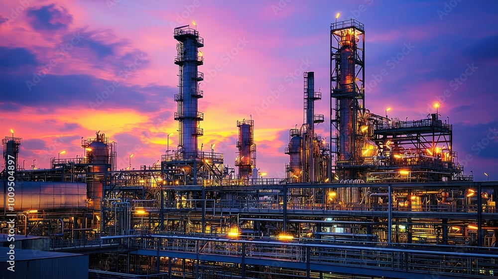 A stunning industrial landscape showcasing an oil refinery at sunset, illuminated against a colorful sky. A stunning industrial landscape showcasing an oil refinery at sunset, illuminated against a colorful sky.