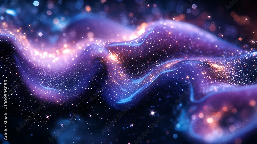 A detailed close-up of nails with a black base and swirling purple and blue nebula effects, featuring tiny silver star-shaped glitter and shimmering accents. A detailed close-up of nails with a black base and swirling purple and blue nebula effects, featuring tiny silver star-shaped glitter and shimmering accents.