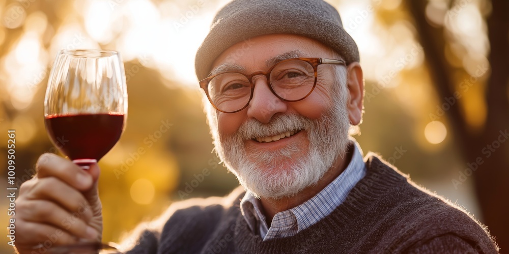 A man is holding a glass of red wine and smiling. Concept of relaxation and enjoyment, as the man is taking a moment to savor his drink A man is holding a glass of red wine and smiling. Concept of relaxation and enjoyment, as the man is taking a moment to savor his drink