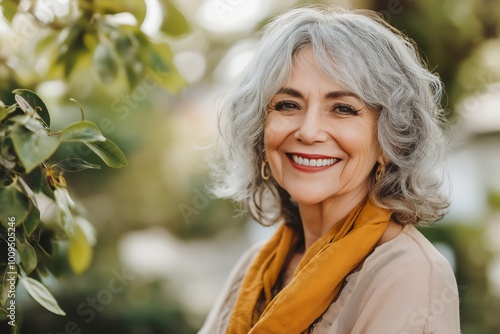 A woman with gray hair is smiling and wearing a yellow scarf. She is posing for a photo