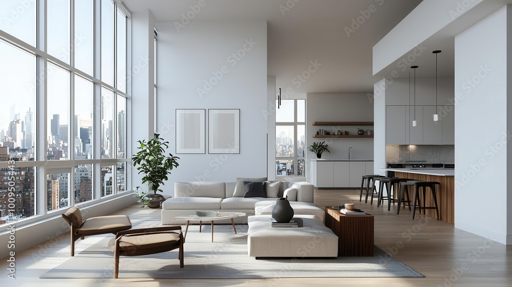 Fototapeta premium Modern Living Room with City View