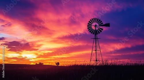 A stunning sunset silhouette of a windmill against a vibrant sky filled with colorful hues, embodying rural beauty and tranquility.