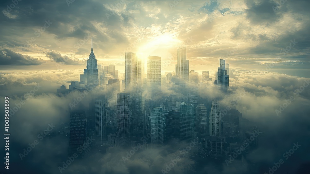 Naklejka premium A stunning view of a city skyline emerging from a thick layer of clouds as the sun rises, illuminating the buildings with a golden glow.
