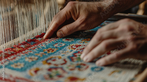 an artist's hands working on a traditional loom, weaving an intricate carpet pattern